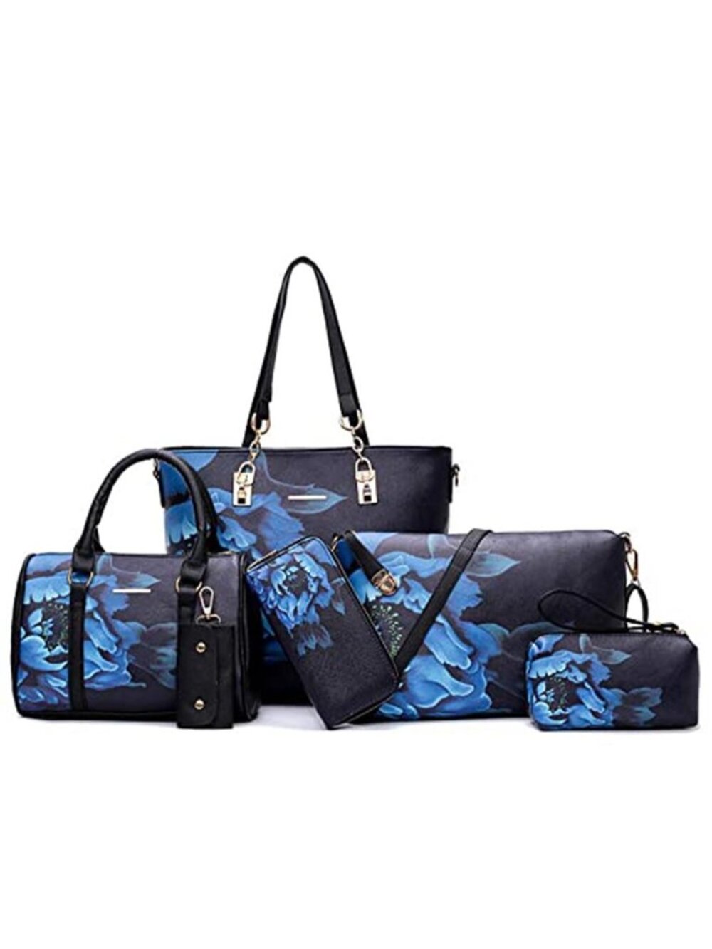 6 Piece Faux Leather Tote Shoulder Bag Set Floral Black Blue Satchel Clutch